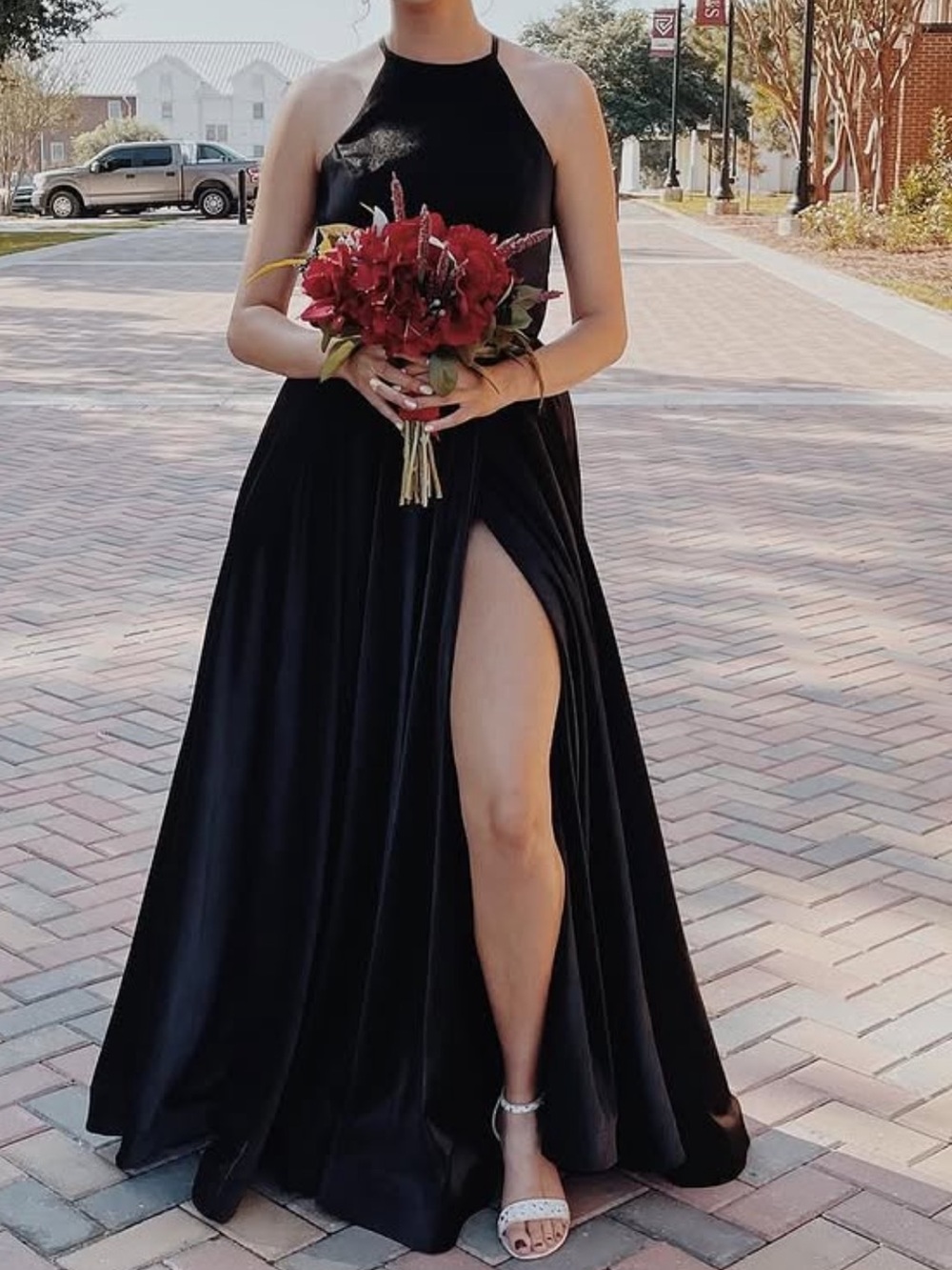 Black Halter Prom Dress with High Thigh Slit
